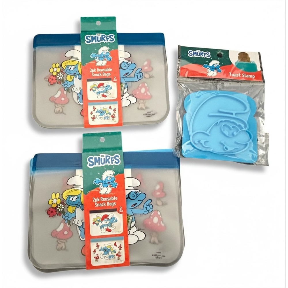 The Smurfs Reusable Snack Bags 2pk x2 and Toast Stamp Blue Retro School Lunch